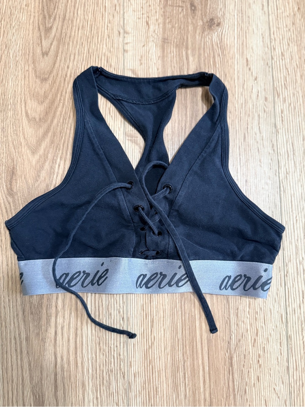 aerie Black Lace-Up Racerback Sports Bra with Gray Logo Band